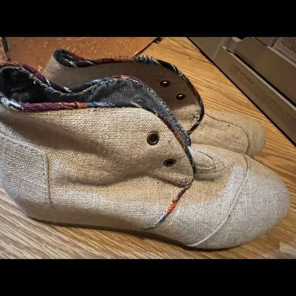 TOMS Womens Size 4 Linen Wedge Lace Up Ankle Boots Shoes Heel Bootie - Picture 7 of 8